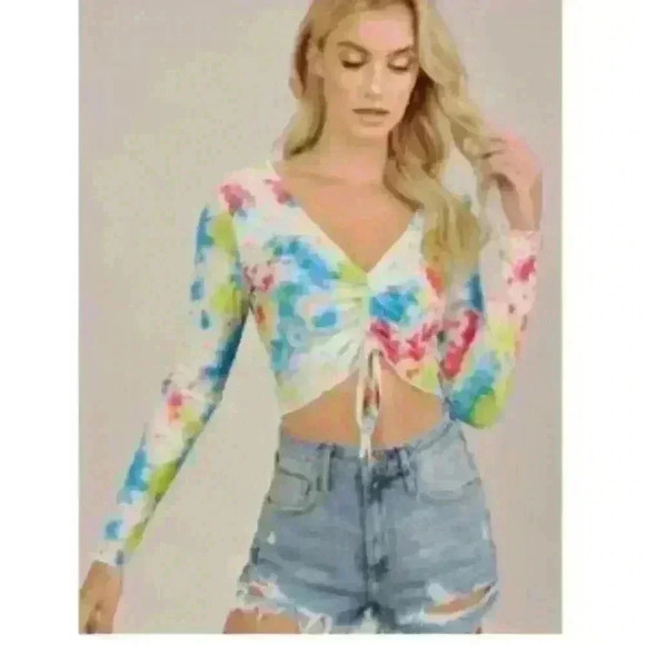 SHEIN Tops - Tie Dye Drawstring Ruched Front Crop Top